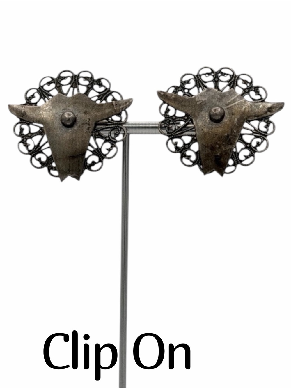 VTG Silver-Tone Longhorn Steer Clip-Earrings Western Bull Cow Steer Southwestern
